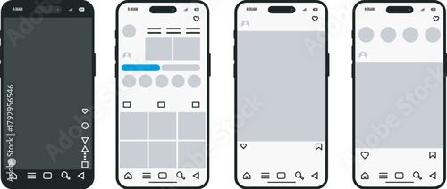Screen interface on Iphone smartphone Four smartphone screen mockups showing different app interfaces collection of four smartphone screen mockups displaying various app interface designs and layouts 