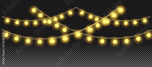 Gold Christmas garland on transparent background, Happy new year light effect elements for banner, poster, flyer. Horizontal yellow glowing wires shining, led strips png, vector illustration.