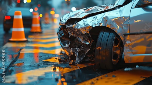 Close-up of a damaged silver car in a rainy urban setting with traffic cones.