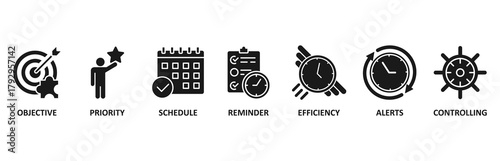 Time management banner web icon vector illustration foricon of objective, priority, schedule, reminder, efficiency, alerts, and controlling