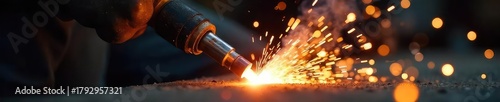 Close-up of a welding torch igniting, intense orange and white heat radiating from the nozzle, sparks flying Perfect for industrial, manufacturing, and repair contexts , welding, flame, process