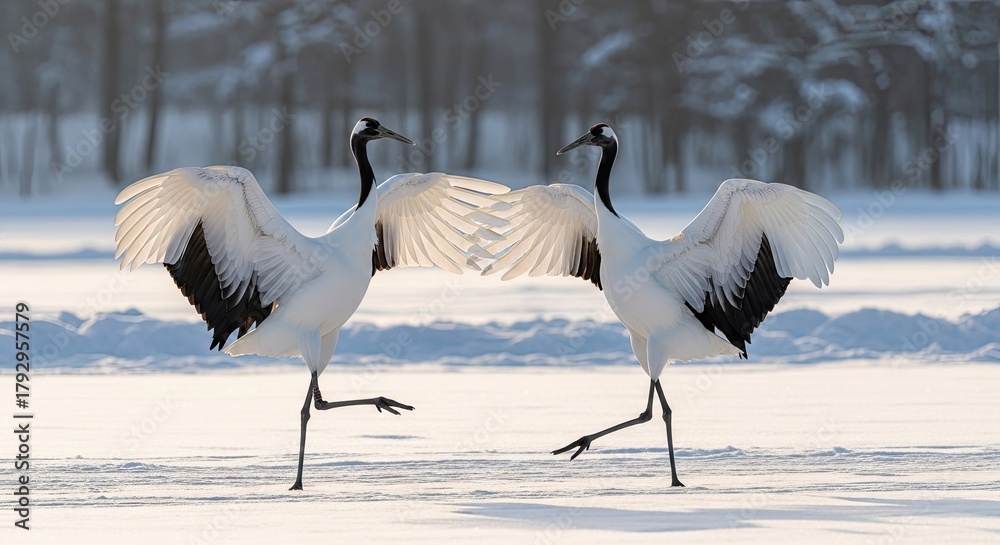 Obraz premium Elegant Red-Crowned Cranes Displaying in a Snowy Winter Landscape of Hokkaido Japan