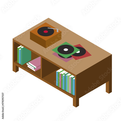 レコードプレイヤーが置かれたモダンな棚のアイソメトリック素材