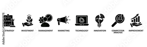 Business development banner web icon vector illustration foricon of strategy, investment, management, marketing, technology, innovation, competitor analysis, improvement