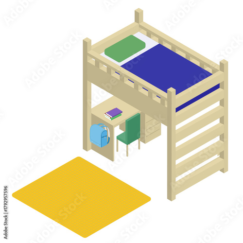 小学生男の子のロフトベッドと学習机のアイソメトリック素材
