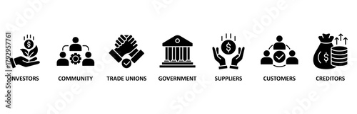 Stakeholder relationship banner web icon vector illustration forstakeholder, investor, government, and creditors with icon of community, trade unions, suppliers, and customers