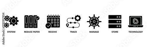 Document management banner web icon vector illustration foricon of system, reduce paper, receive, track, manage, store, cloud and technology