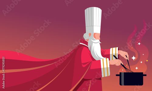 A festive illustration of Santa Claus dressed as a chef, stirring a magical pot that emits sparks, perfect for holiday cooking and culinary themes.