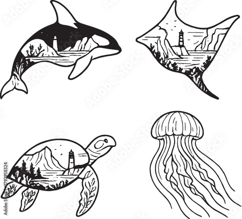 Aquatic Species Double Exposure Vector Illustration.eps