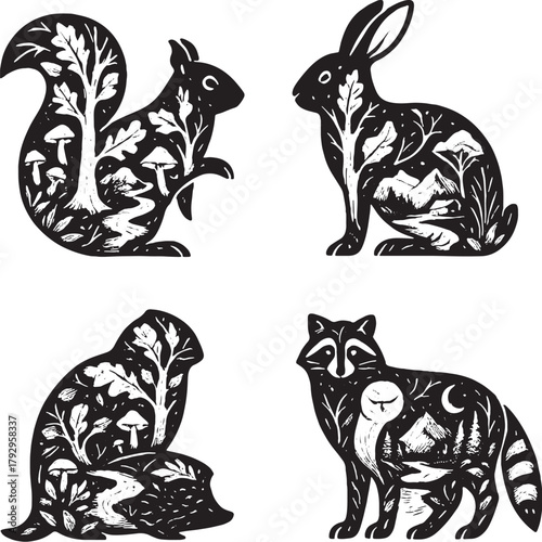 Forest Mammals Double Exposure Vector Illustration.eps