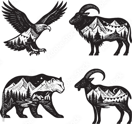 Mountain Species Double Exposure Vector Illustration eps.eps