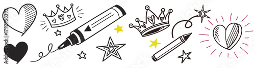 Creative Doodle Elements: An imaginative arrangement of hand-drawn doodle elements, with hearts, crowns, pens, and stars, perfect for adding a touch of playful creativity.