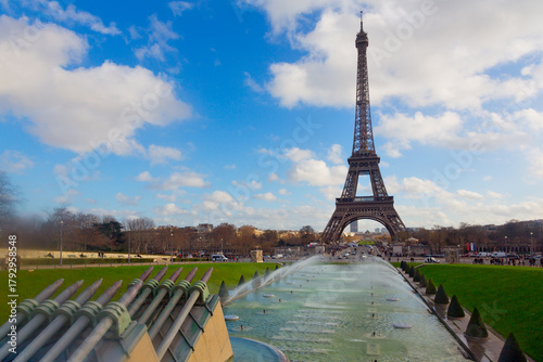 Panoramic view of Paris Eiffel Tower and Trocadero Garden in Paris, France
