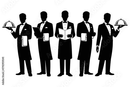 Waiters in formal attire carrying silver trays with dishes, vector illustration perfect for restaurant, catering, hospitality, service industry, menu design, and elegant event graphics.