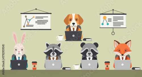 Whimsical animal team collaborates on project with laptops and presentations creating a fun office vibe