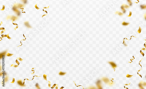 Vector illustration. Golden sparkly confetti with blur effect on transparent background.
