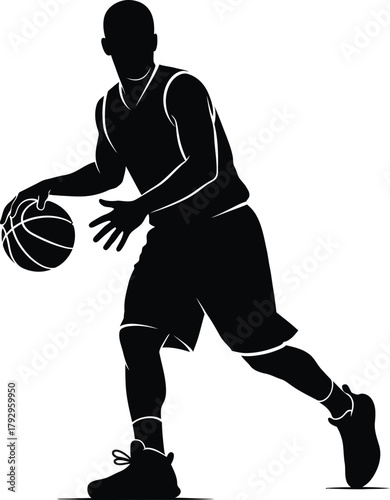 Silhouette of a basketball player dribbling the ball on a white background