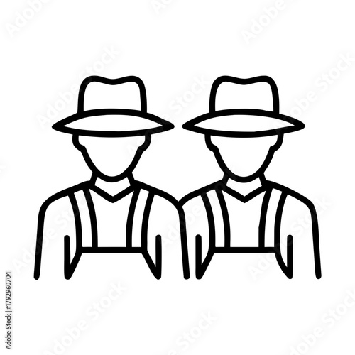 Two farmers in minimalistic style with hats and overalls on transparent  background