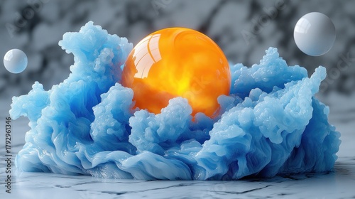 Abstract, vibrant sphere nestled in blue sculpted forms