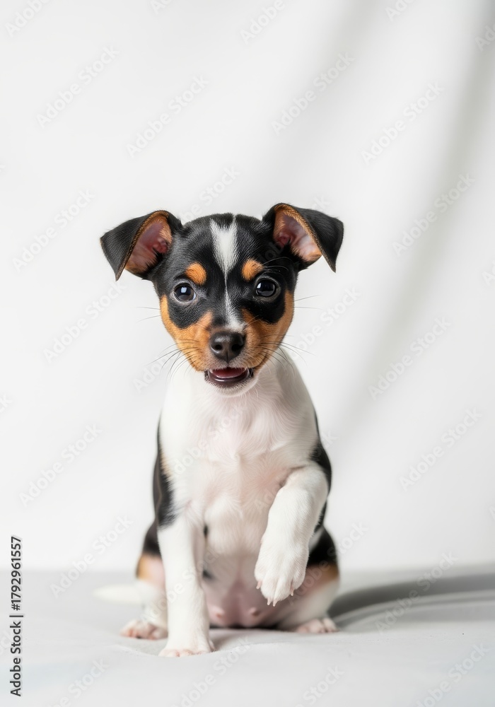 Obraz premium Adorable Toy Fox Terrier Puppy Raising Its Paw on White Background - A cute Toy Fox Terrier puppy portrait. Symbolizing: innocence, companionship, joy, loyalty, and playfulness