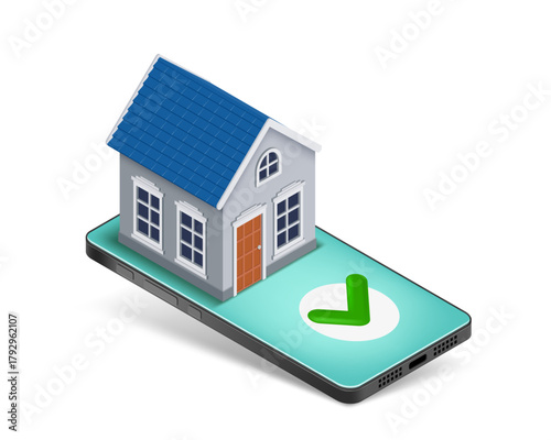 House building on a smartphone screen. Smart home technology. Control and management of the house via smartphone. Isolated on white background. Vector illustration.