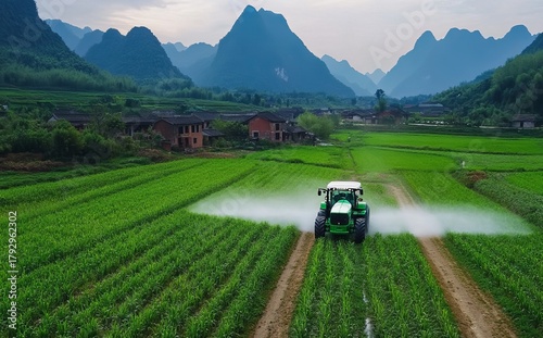 A green tractor sprays crops in a lush valley surrounded by mountains.