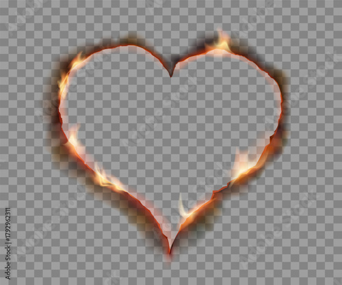 Heart shape with burnt and smoldering paper edges effect. Template frame isolated on a transparent background. Vector mockup.