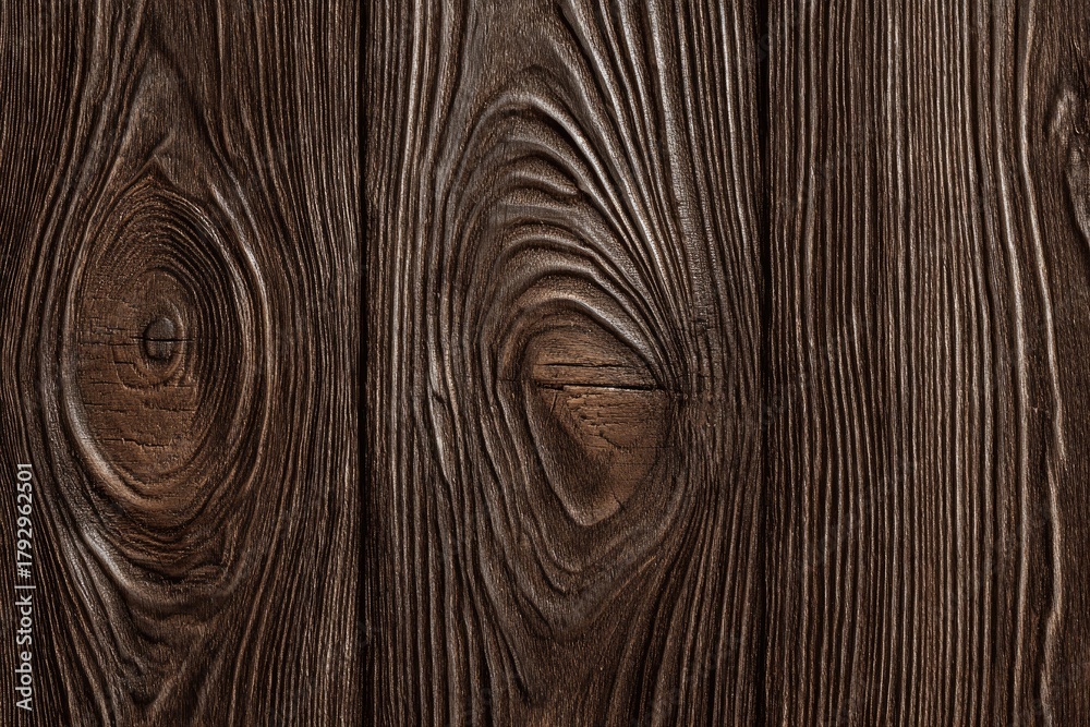 Naklejka premium Dark stained wood planks with prominent knots and textured grain pattern