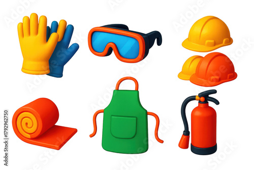 Safety Gear Icons. 3D icon set of safety gear: gloves, goggles, helmets, insulating mats, aprons, fire extinguishers. A set of