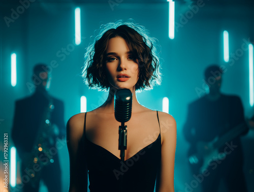 Female singer performing on stage with microphone and band in modern lighting