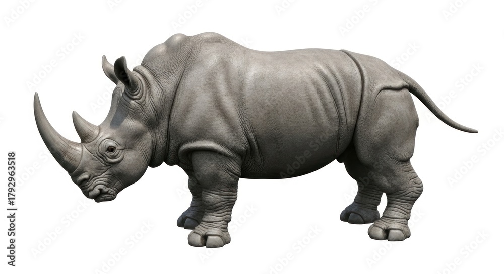 Fototapeta premium A gray rhinoceros standing on a white background.