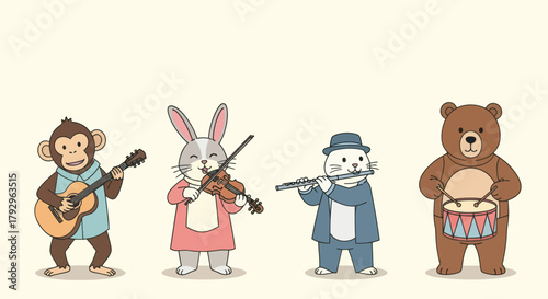 Adorable animal band plays charming music together, a delightful scene for kids' projects and cheerful designs