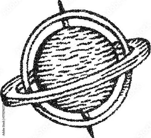 Ringed planet with crossing rings, vintage stipple dotwork vector illustration, monochrome engraving style astronomy science icon