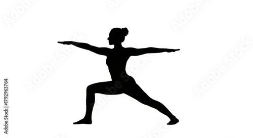 Silhouette of a woman in warrior two yoga pose with arms extended and legs in a wide stance position