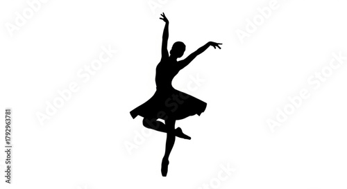 Silhouette of a ballerina in a dress gracefully dancing with arms raised and legs crossed in a pose