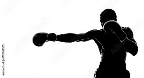 Silhouette of a boxer throwing a punch with boxing gloves in a fighting stance against a white background