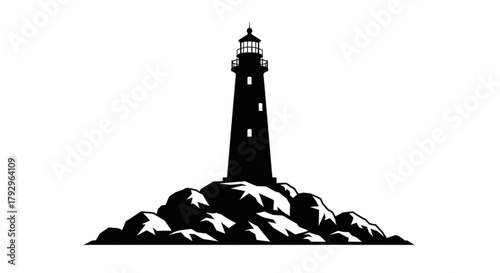 Silhouette of a lighthouse standing tall on a rocky outcrop against a plain white background scenic view