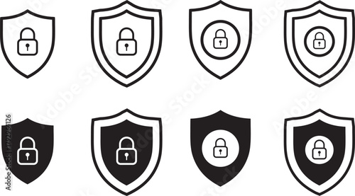 Data Security Padlock Protection Safety Shield lock Mark Icon Set Symbols logotypes Vector 