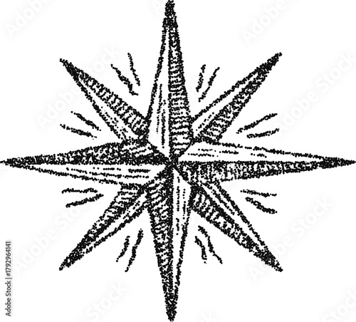 Eight‑point compass star with radiant lines, vintage stipple dotwork vector illustration, monochrome engraving style navigation emblem