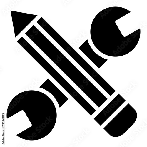 Tools Set Glyph Black Silhouette Icon Design Vector - wrench and pencil crossed together symbolizing technical work, creativity, and repair
