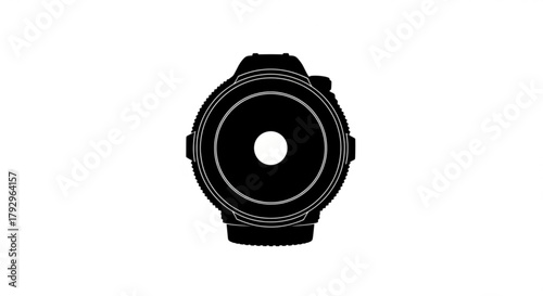 A photographic lens in black and white showing the front element and body of the lens in a centered view