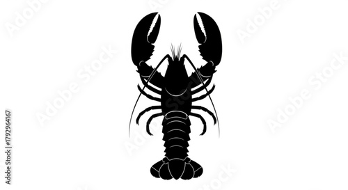 Silhouette of a lobster with large claws and detailed body segments on a white background design element
