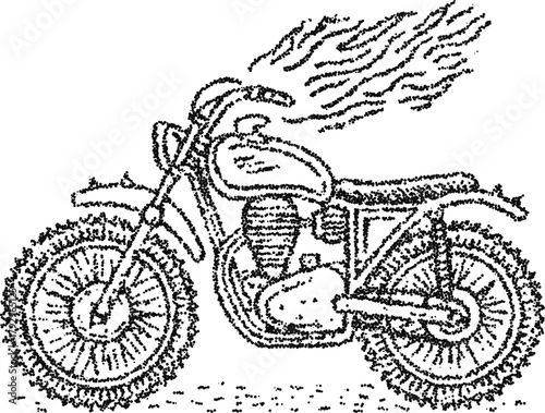 Vintage scrambler motorcycle with flame exhaust, stipple dotwork vector illustration, monochrome engraving style adventure rider icon