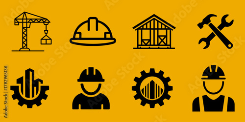 Collection of construction and industry icons representing building safety tools and workers on a yellow background