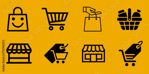 Collection of shopping icons representing bags carts and storefronts on a vibrant orange background