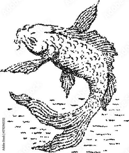 Ornamental goldfish with flowing tail, vintage stipple dotwork vector illustration, monochrome engraving style aquatic pet emblem