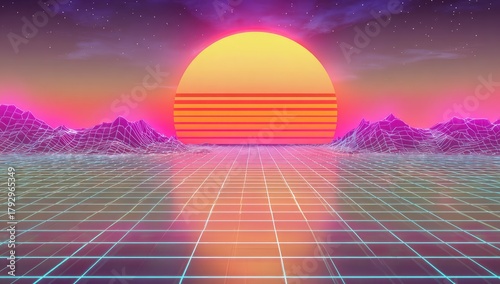 Retro 80s scene sun rising over wireframe landscape