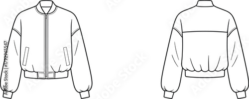 Bomber jacket technical sketch, front and back view, belt and buckle detail, ribbed collar and cuffs, fashion flat, garment construction, vector illustration