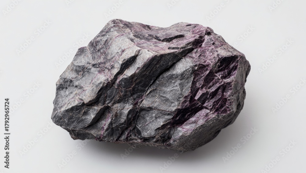 Obraz premium Close-up of a rough, dark gray rock with prominent cracks and veins of purple mineral