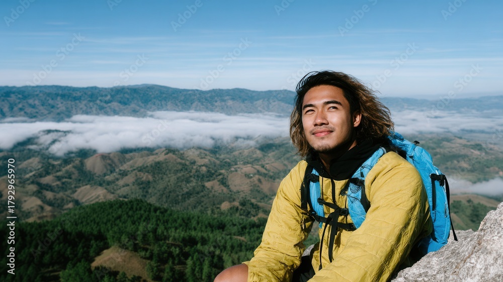 Naklejka premium A young man in a yellow jacket sits on a rock, enjoying the breathtaking view of mountains and clouds. Ideal for adventure and travel themes.